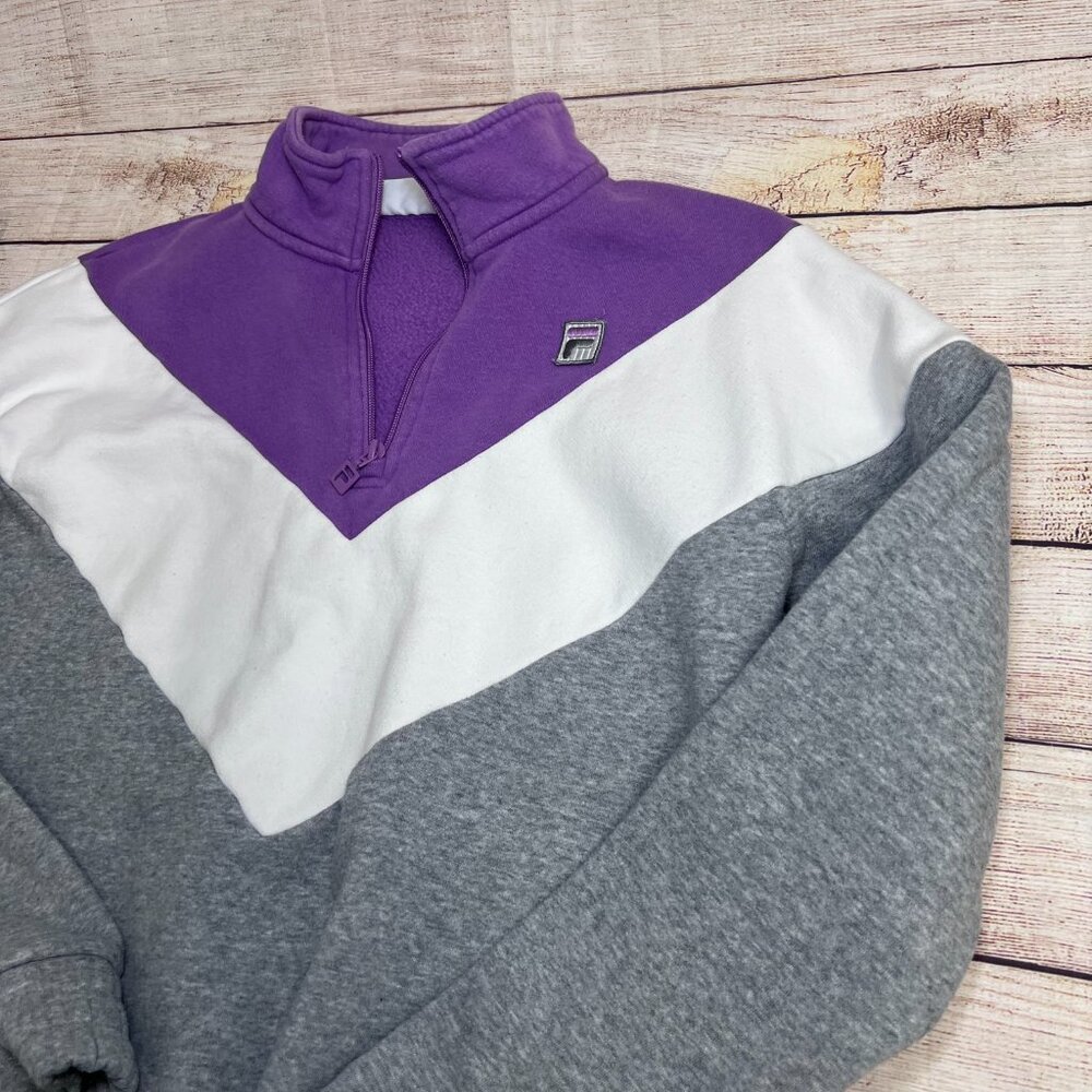 Y2K FILA Colorblock Quarter-Zip Sweatshirt | Size MED | Purple/White/Gray Fleece - Picture 11 of 12